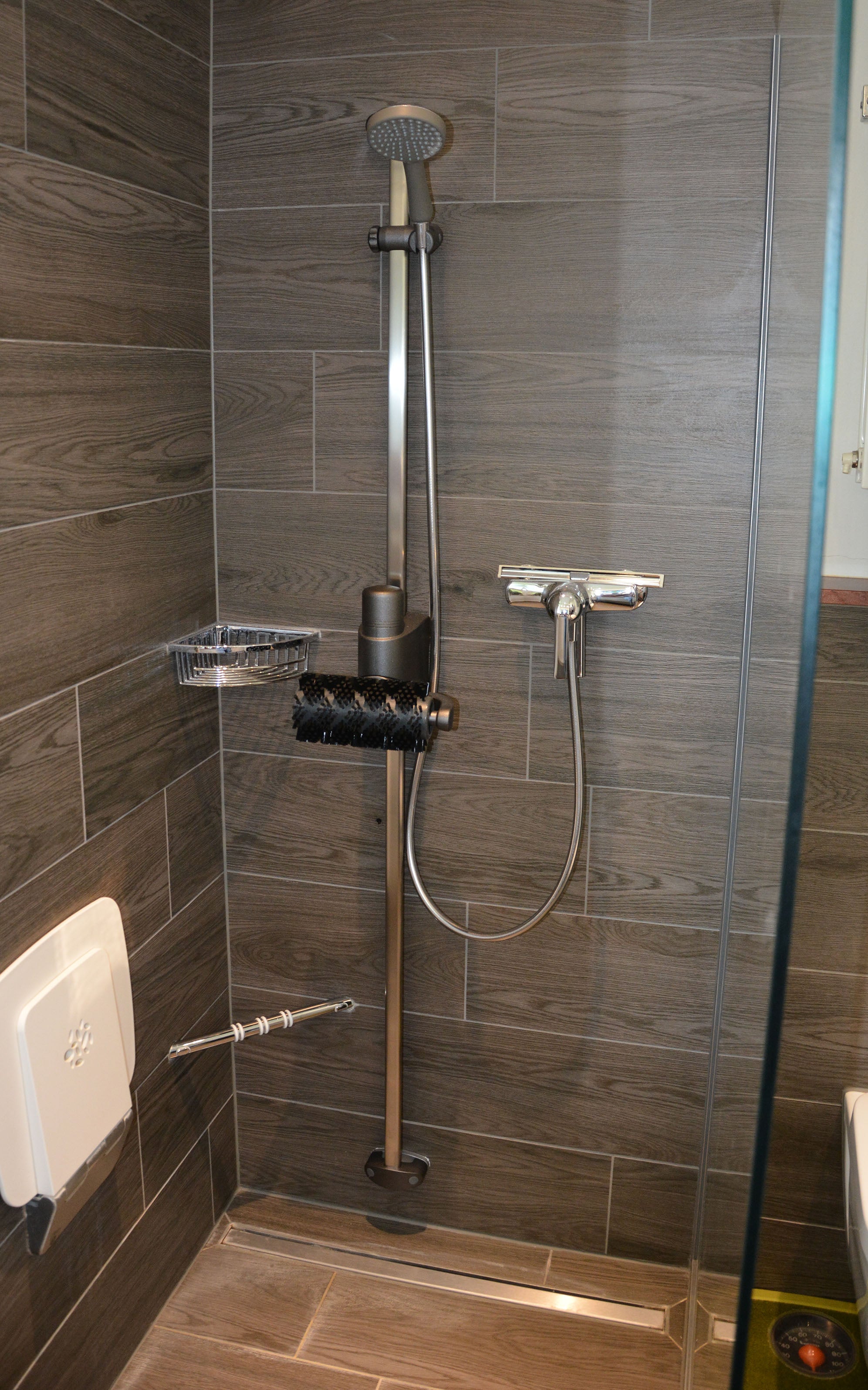 begehbare Dusche mit Fusstritt, klappbarem Sitz und Massagebürste